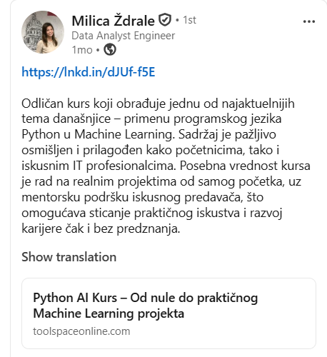 LinkedIn recenzija – Milica Ždrale, Data Analyst Engineer